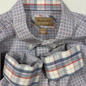 Ariat Wrinkle Free White Blue Red Novel Classic Fit Button Front Shirt |Size XXL